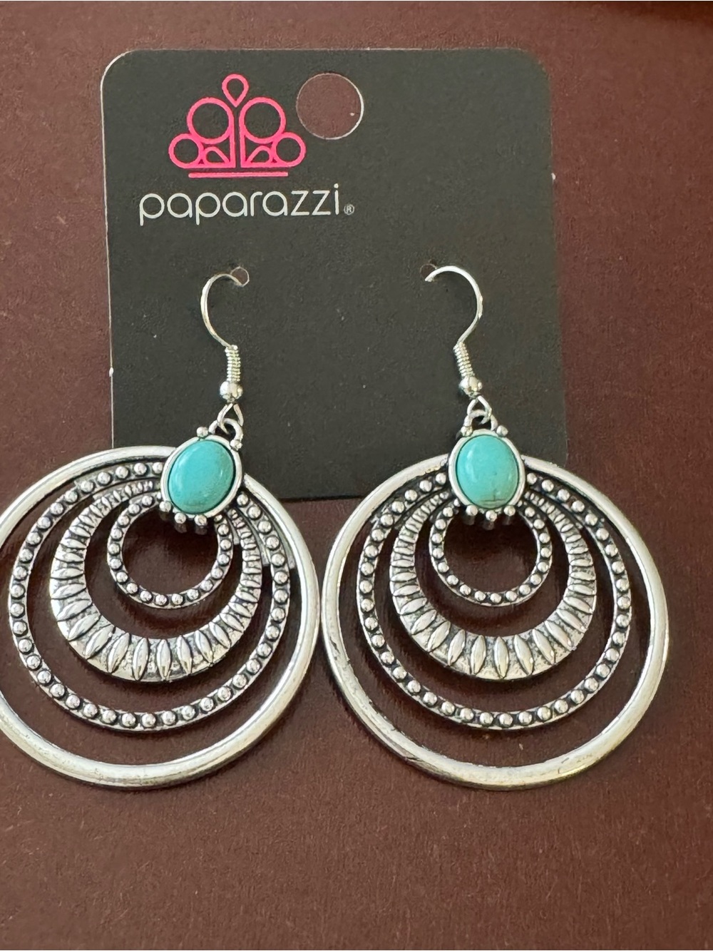 Paparazzi Silver Turquoise Concentric Hoop Drop Earrings